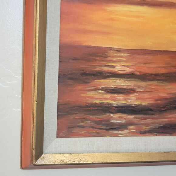VTG 1973 Ocean Sunset Sea Landscape Oil Painting Frame 21 1/2" x 24 1/2" Red Sky - Picture 4 of 16